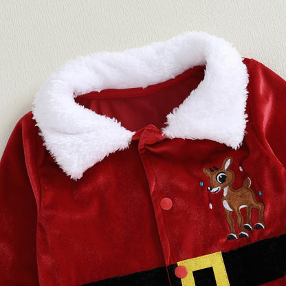 Toddler Baby Girl Boy Kid Christmas Santa Velvet Outfit Reindeer Long Sleeve Coat Elastic Waist Pants and Hat Set 6M-5Y