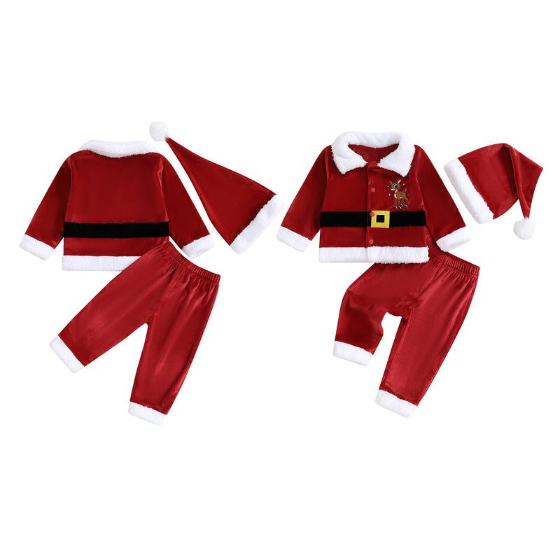 Toddler Baby Girl Boy Kid Christmas Santa Velvet Outfit Reindeer Long Sleeve Coat Elastic Waist Pants and Hat Set 6M-5Y