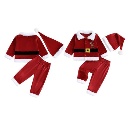 Toddler Baby Girl Boy Kid Christmas Santa Velvet Outfit Reindeer Long Sleeve Coat Elastic Waist Pants and Hat Set 6M-5Y