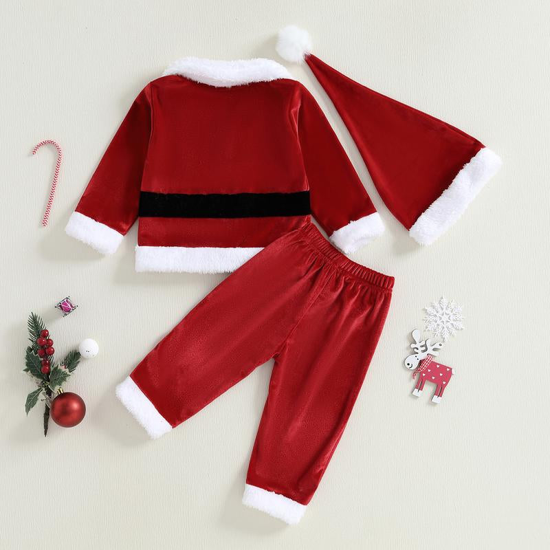Toddler Baby Girl Boy Kid Christmas Santa Velvet Outfit Reindeer Long Sleeve Coat Elastic Waist Pants and Hat Set 6M-5Y