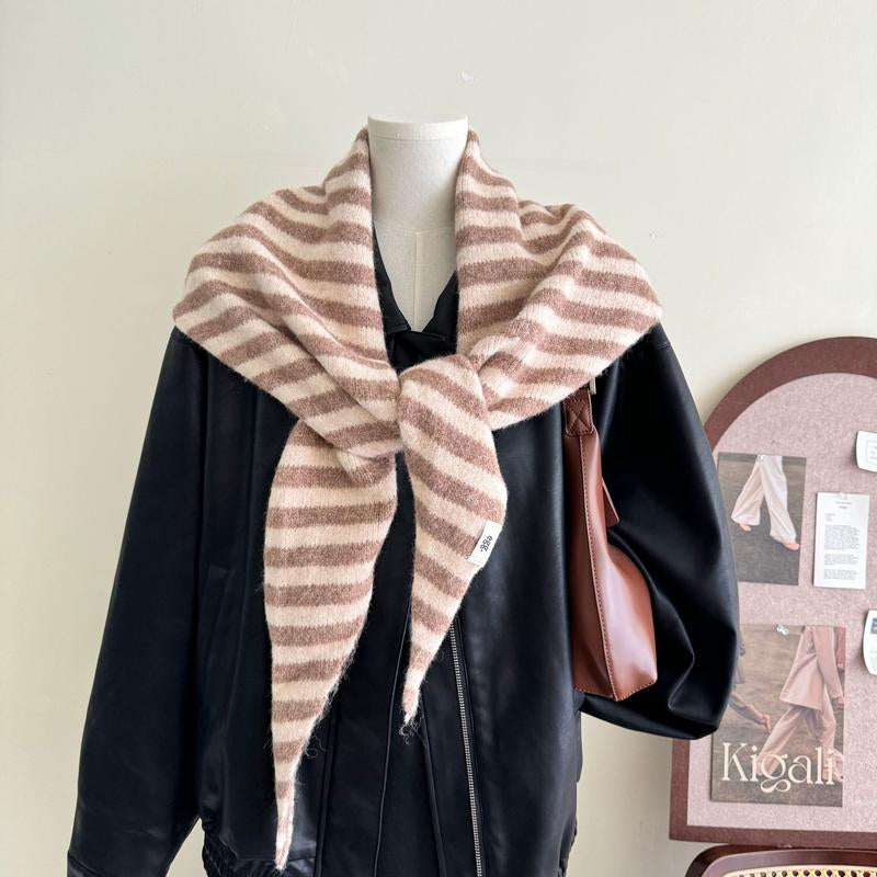 Fashion Women Wool-Blend Knitted Striped Triangle Scarf Winter Warm Lady Shawl Blanket Bandana Versatile Scarves