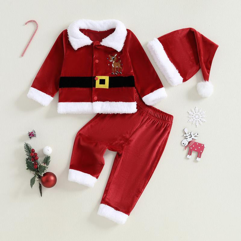 Toddler Baby Girl Boy Kid Christmas Santa Velvet Outfit Reindeer Long Sleeve Coat Elastic Waist Pants and Hat Set 6M-5Y