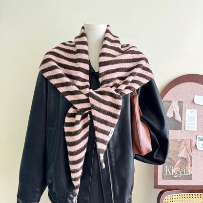 Fashion Women Wool-Blend Knitted Striped Triangle Scarf Winter Warm Lady Shawl Blanket Bandana Versatile Scarves