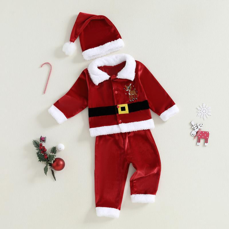 Toddler Baby Girl Boy Kid Christmas Santa Velvet Outfit Reindeer Long Sleeve Coat Elastic Waist Pants and Hat Set 6M-5Y