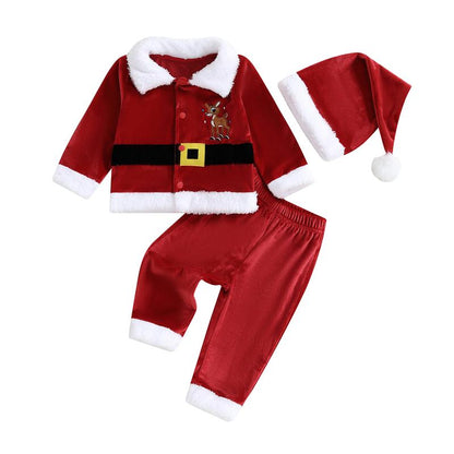 Toddler Baby Girl Boy Kid Christmas Santa Velvet Outfit Reindeer Long Sleeve Coat Elastic Waist Pants and Hat Set 6M-5Y
