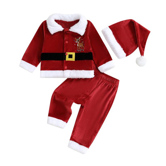 Toddler Baby Girl Boy Kid Christmas Santa Velvet Outfit Reindeer Long Sleeve Coat Elastic Waist Pants and Hat Set 6M-5Y