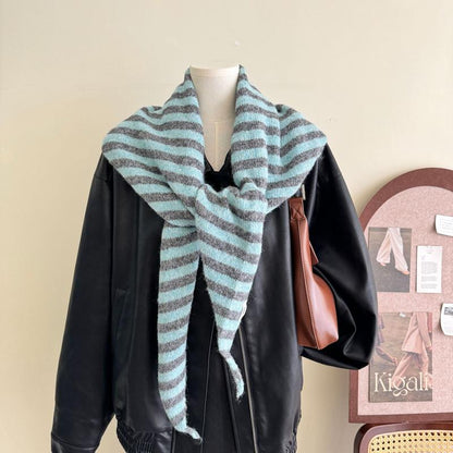 Fashion Women Wool-Blend Knitted Striped Triangle Scarf Winter Warm Lady Shawl Blanket Bandana Versatile Scarves