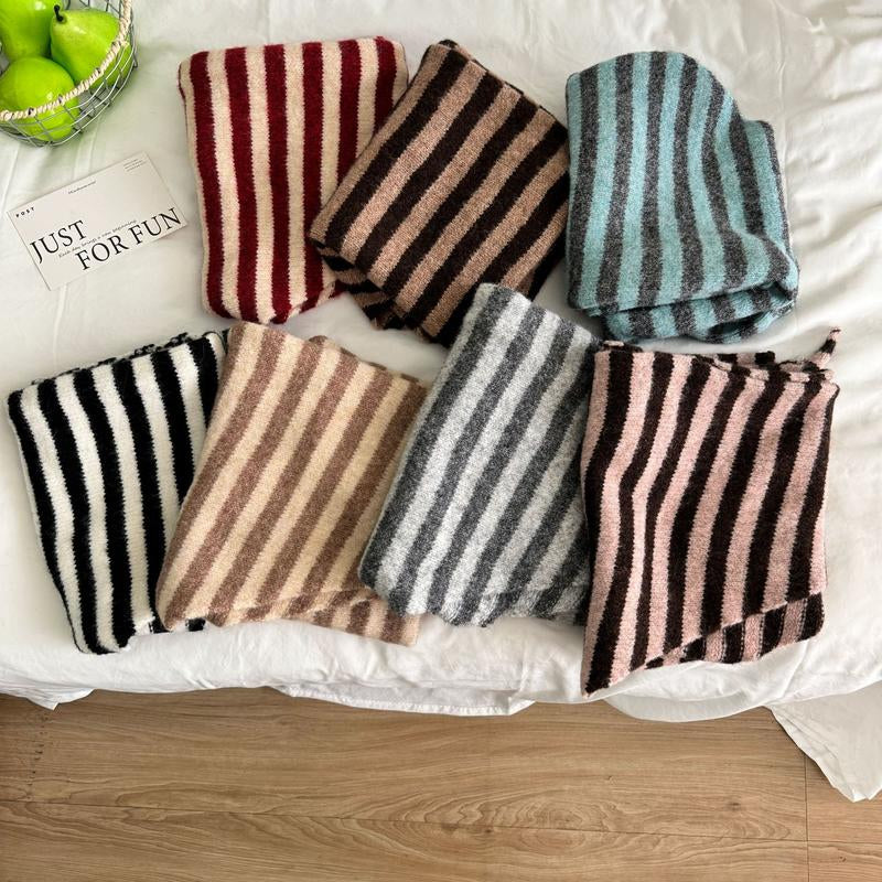 Fashion Women Wool-Blend Knitted Striped Triangle Scarf Winter Warm Lady Shawl Blanket Bandana Versatile Scarves