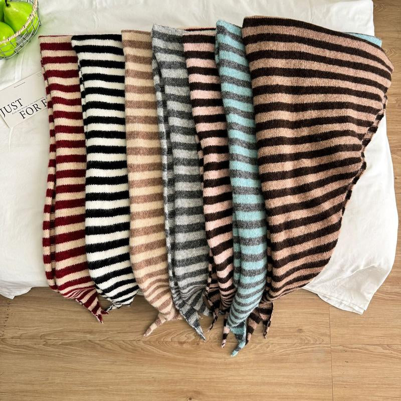 Fashion Women Wool-Blend Knitted Striped Triangle Scarf Winter Warm Lady Shawl Blanket Bandana Versatile Scarves